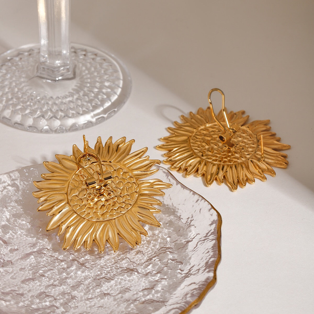 18K Gold Sunflower Statement Stud Earrings
