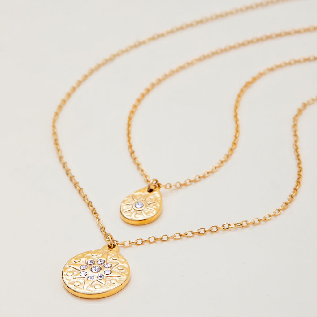 18K Gold Cascading Sun Pedant Paperclip Chain Layered Necklace Set
