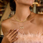 18K Gold Horseshoe Clover Lucky Charm Herringbone Double Chain Layered Necklace Set