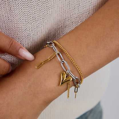 18K Gold Heart Charm Paperclip Chain Bracelet