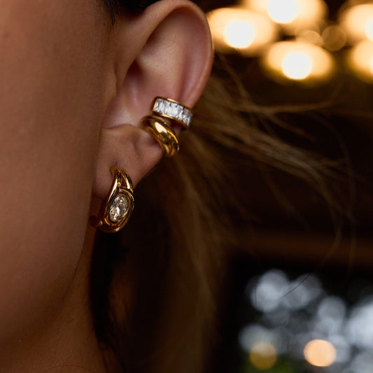 18K Gold Bling Statement Huggie Earrings Ear Cuff Set