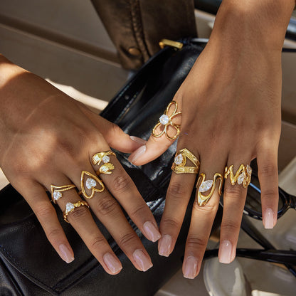 18K Gold Daily Glam Flower Heart CZ Statement Rings Set