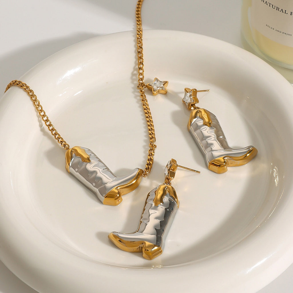 18K Gold and Silver Two Tone Rodeo Star Cowboy Boot Western Pendant Necklace