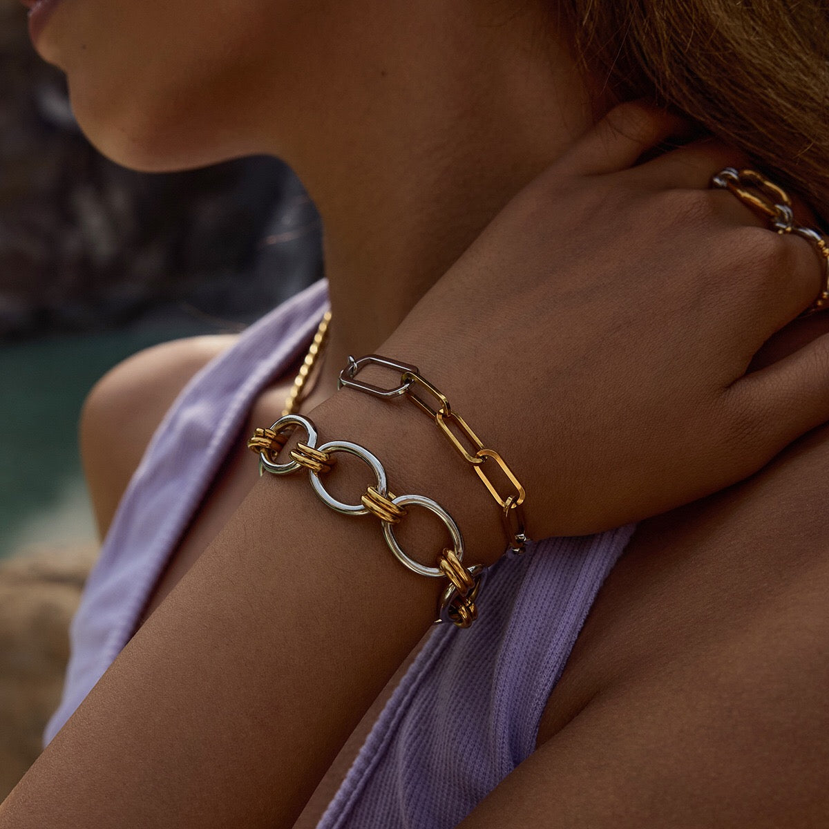 18K Gold and Silver Two Tone Duality Chain Bracelet Stack