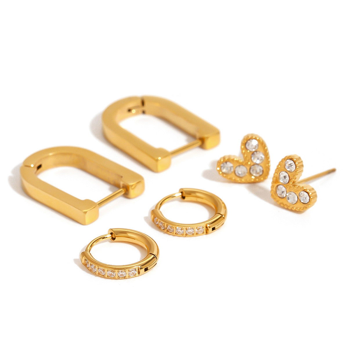 18K Gold Heart Studs Small Hoop Huggie Earrings Set