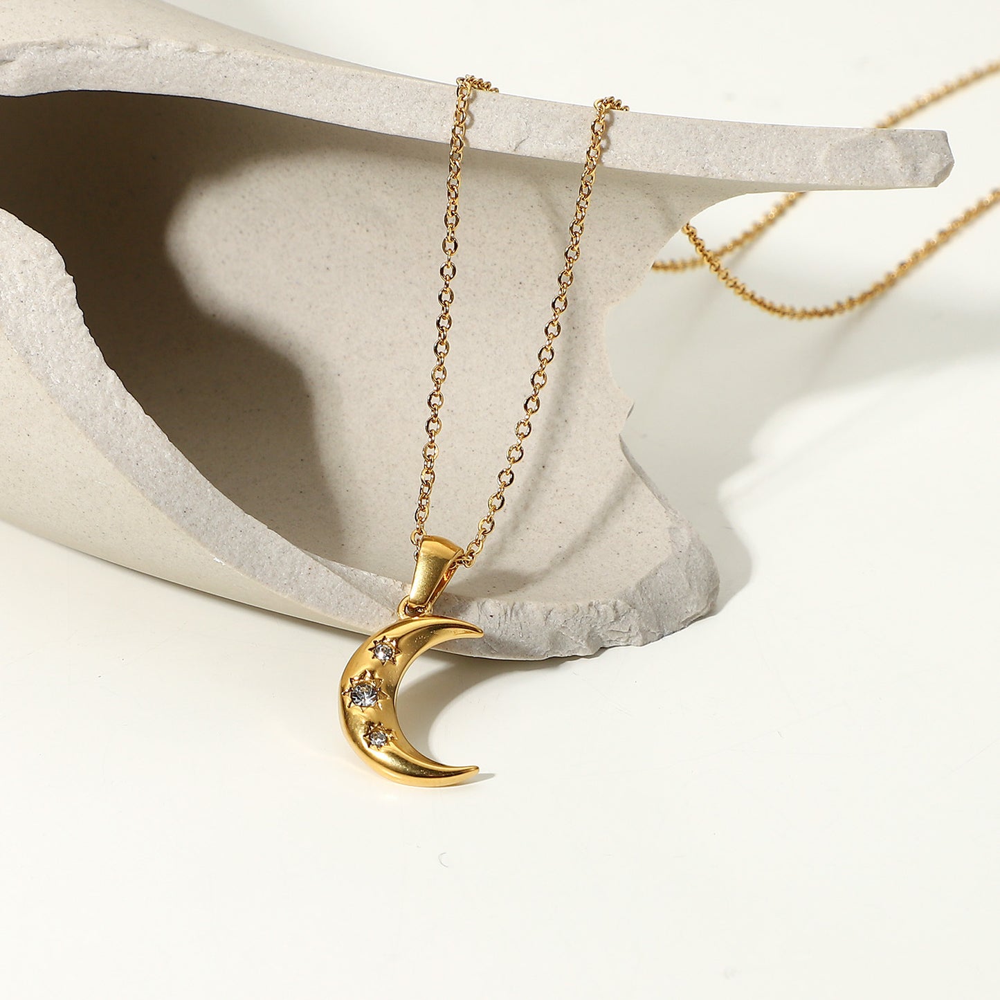 18K Gold Star Adorned Crescent Moon Pendant Necklace