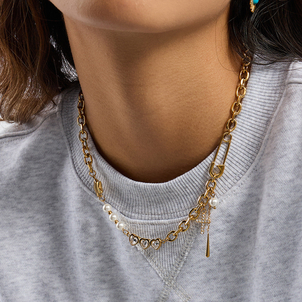 18K Gold Y2K Safety Pin Heart Pearl Cross Chain Necklace
