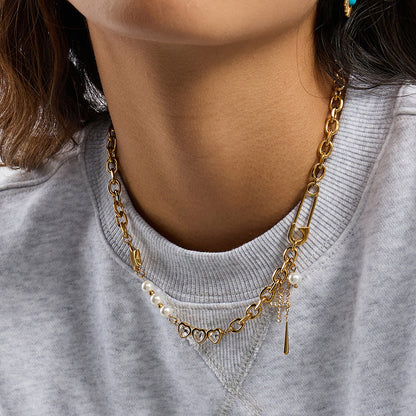 18K Gold Y2K Safty Pin Heart Pearl Cross Chain Necklace