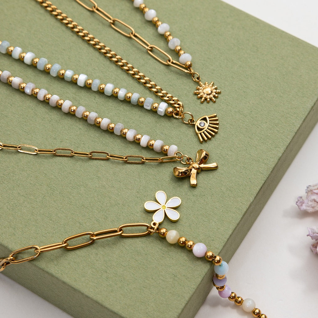 18K Gold Pastel Blue Flower Beaded Chain Bangle Bracelet Stack