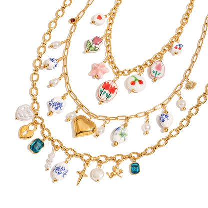 18K Gold Flower Blossom Ceramic Circle Chain Charm Necklace