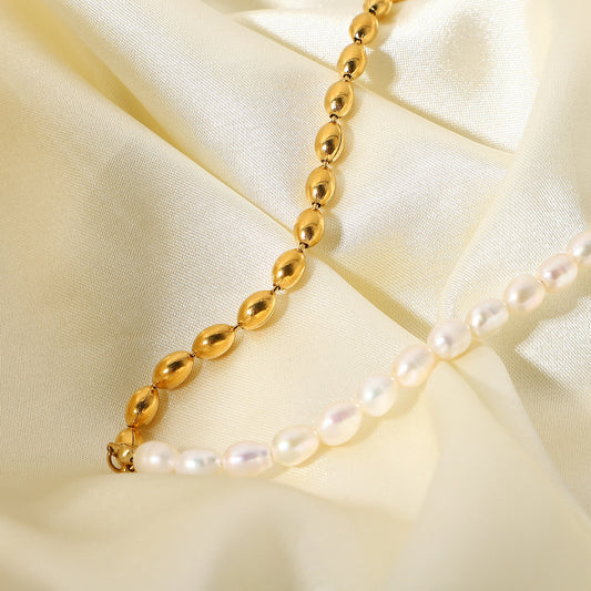 18K Gold Half Pearl Half Ball Chain Beaded Collar Necklace
