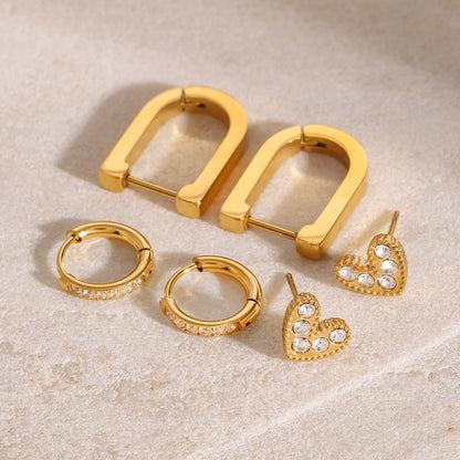 18K Gold Heart Studs Small Hoop Huggie Earrings Set