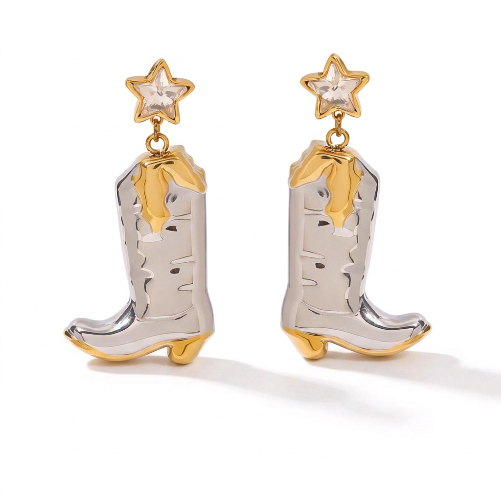 Two Tone Rodeo Star Cowboy Boot Chunky Pendant Necklace & Dangle Earrings Set