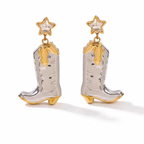 Two Tone Rodeo Star Cowboy Boot Chunky Pendant Necklace & Dangle Earrings Set