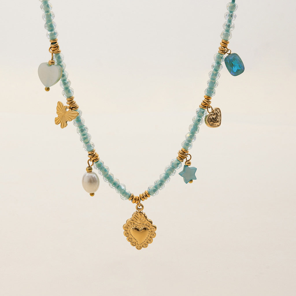 18K Gold Seaside Fantasy Blue Beads Heart Charm Circle Chain Layered Necklace Set