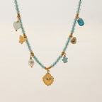 18K Gold Seaside Fantasy Blue Beads Heart Charm Circle Chain Layered Necklace Set
