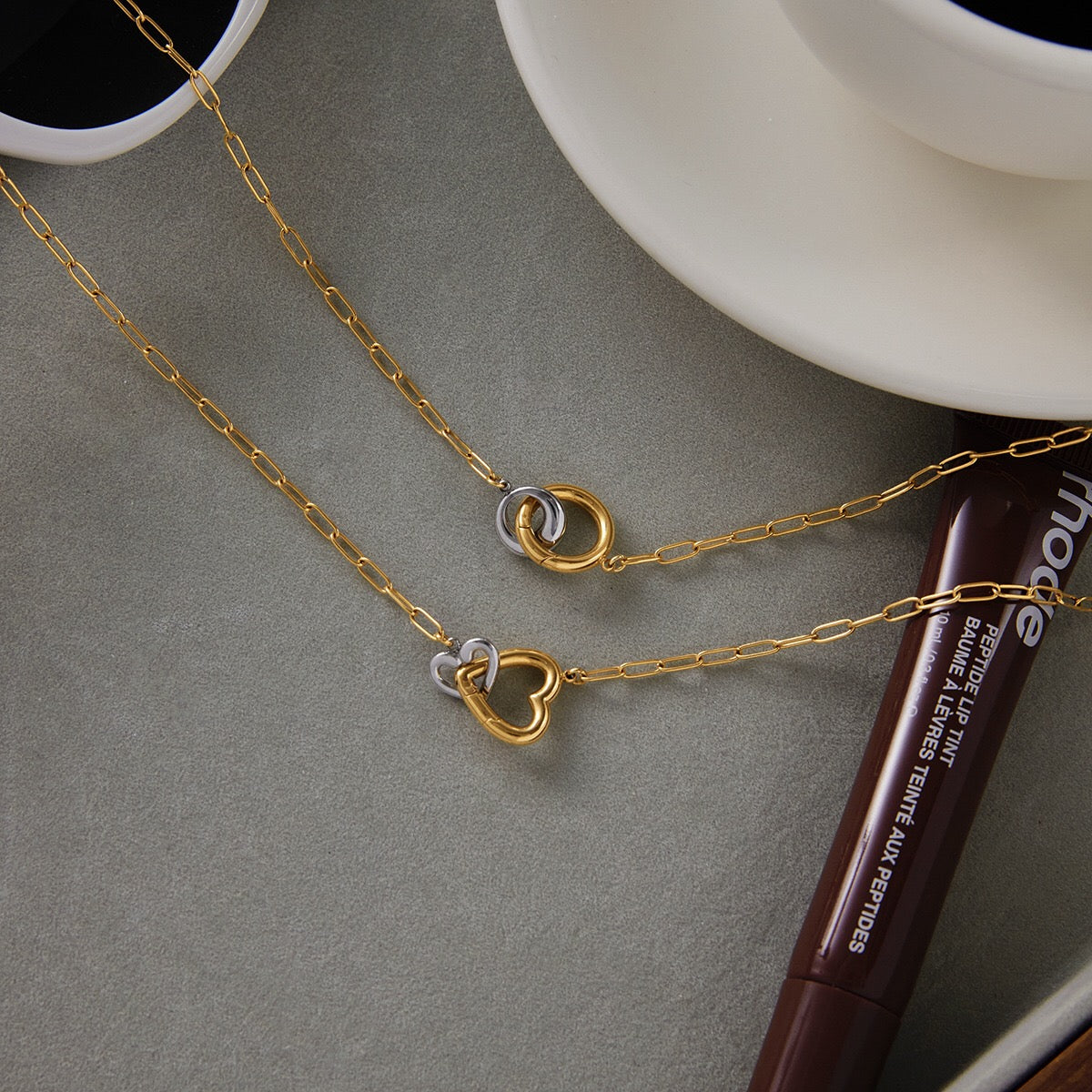 18K Gold and Silver Two Tone Linked Heart Charm Necklace