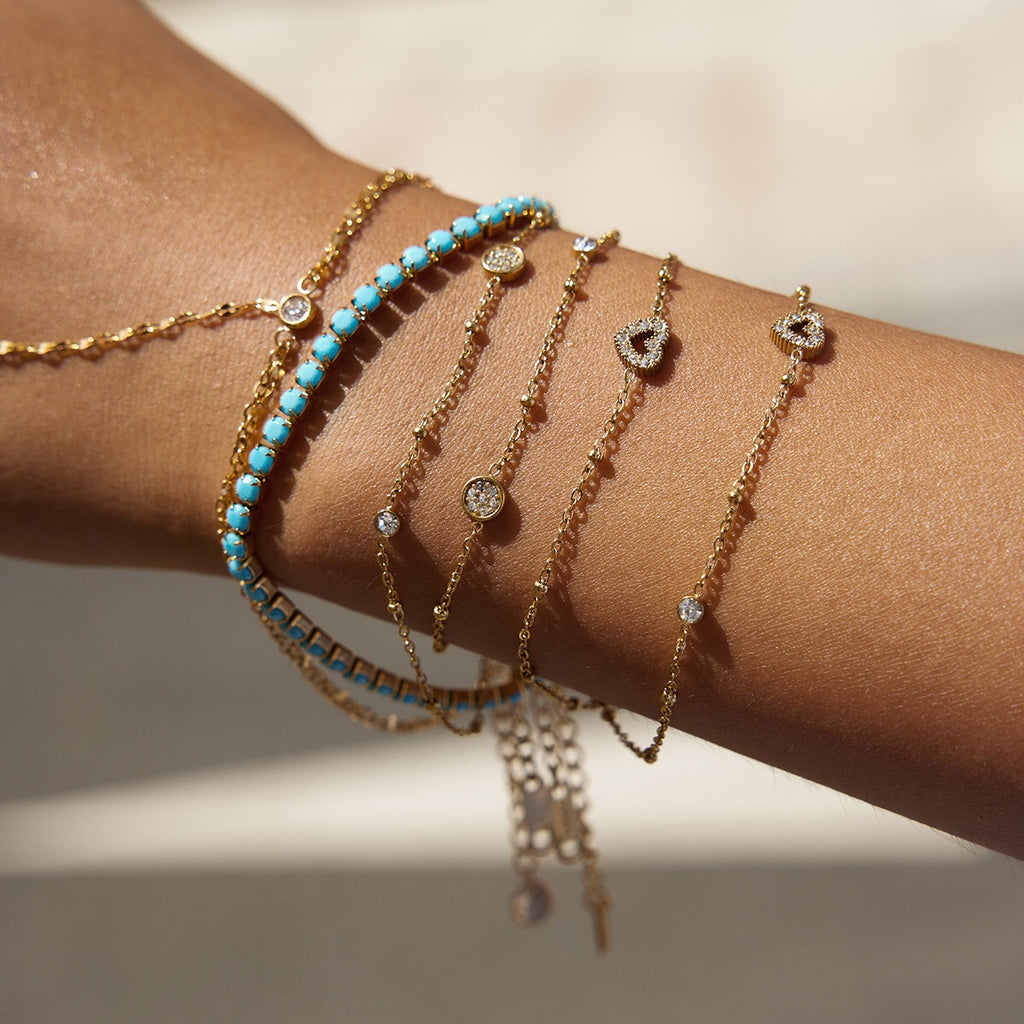 18K Gold Moonkiss Double Chain Heart Dainty Bracelet Stacks