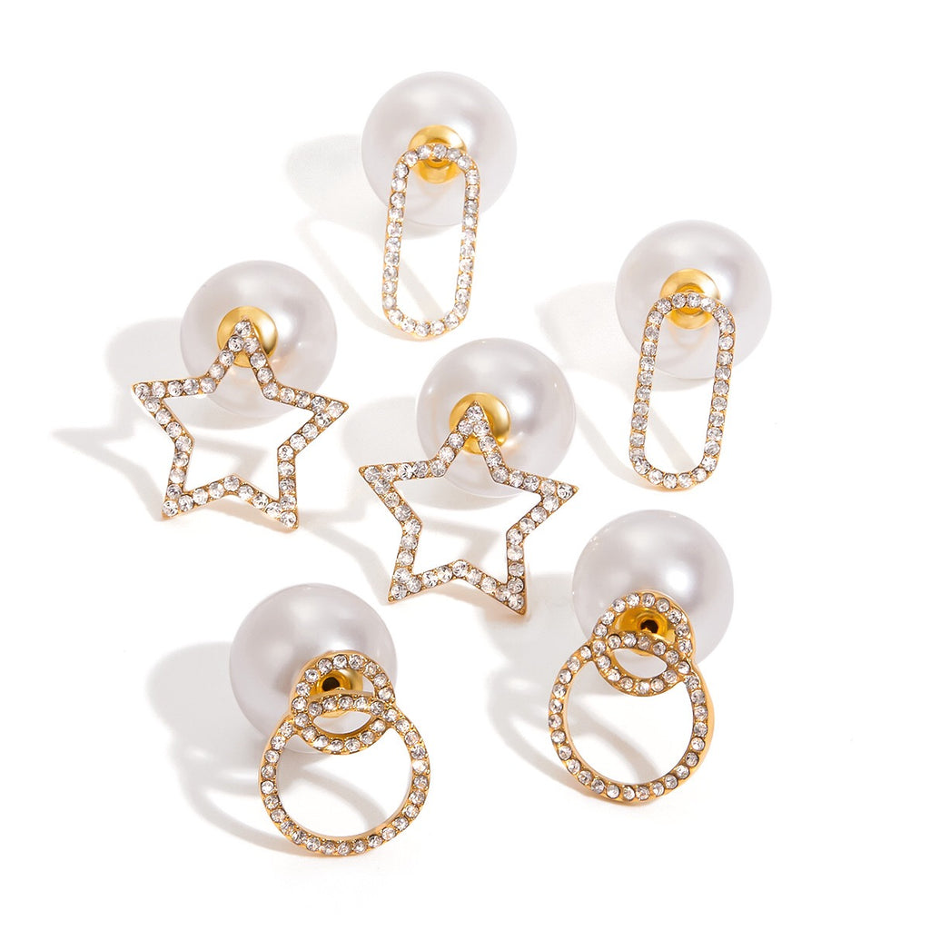 18K Gold Born Star Stud Earrings Pearl Ear Cuffs Set