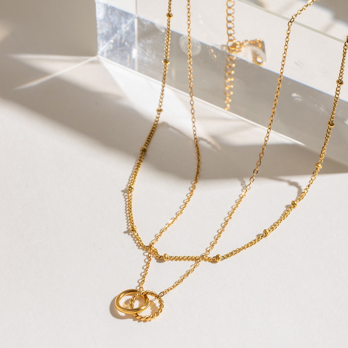 18K Gold Lingering Dainty Pendant Double Chain Layered Necklace