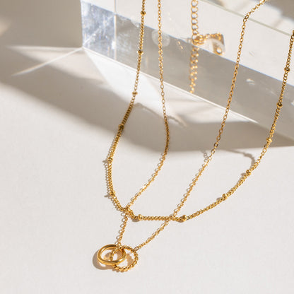 18K Gold Lingering Dainty Pendant Double Chain Layered Necklace