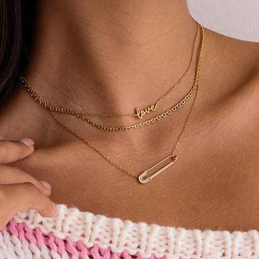 18K Gold Safety Pin Pendant Dainty Chain Layered Necklace Set