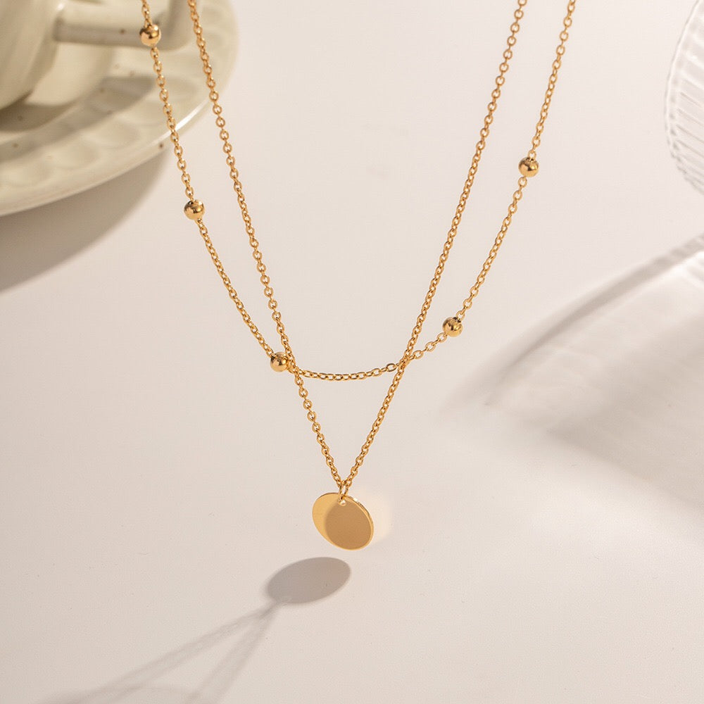 18K Gold Quiet Desire Disc Pendant Dainty Double Chain Layered Necklace