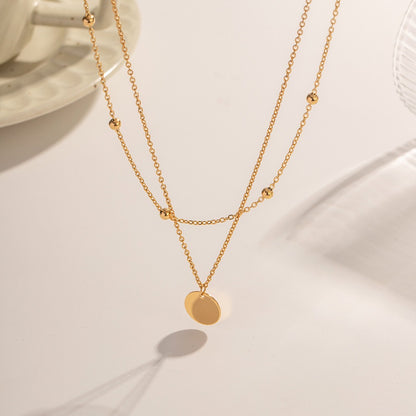18K Gold Quiet Desire Disc Pendant Dainty Double Chain Layered Necklace