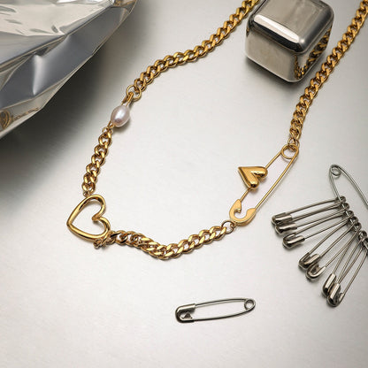 18K Gold Heart Safety Pin Pearl Cuban Curb Chain Necklace
