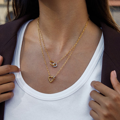 18K Gold and Silver Two Tone Linked Heart Charm Necklace