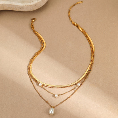 18K Gold Pearl Pendant Herringbone Chain Layered Necklace Set
