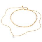 18K Gold Paperclip Chain Pearl Pendant Layered Necklace Set