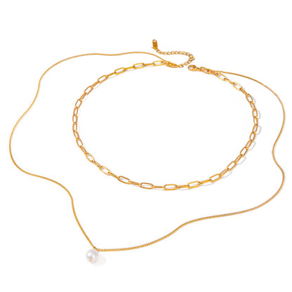 18K Gold Paperclip Chain Pearl Pendant Layered Necklace Set