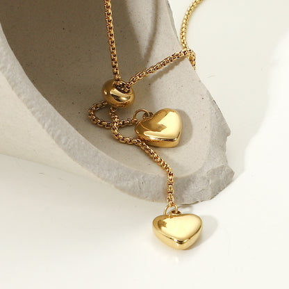 14K Gold Dangle Heart Lariat Necklace