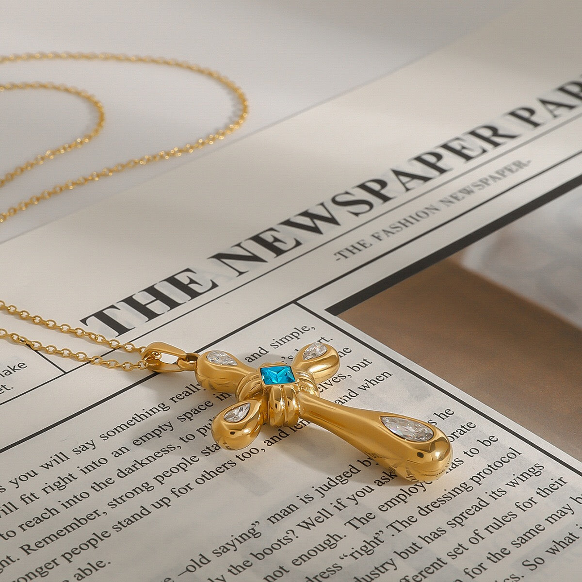 18K Gold Blue Halo Cross Pendant Statement Long Necklace