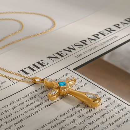 18K Gold Blue Halo Cross Pendant Statement Long Necklace