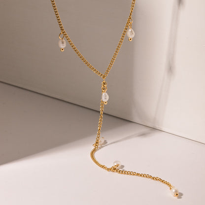 18K Gold Pearl Chain Lariat Necklace