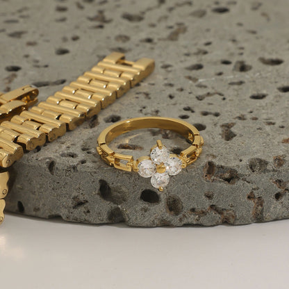 18K Gold Four Leaf Clover Flower Chain Band Stacking Ring