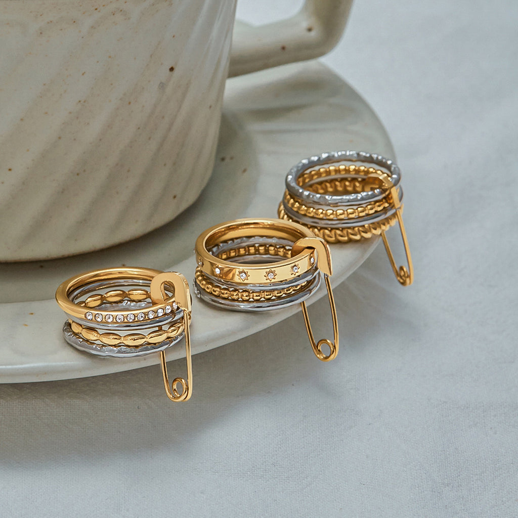18K Gold and Silver Two Tone Safety Pin Spinelli Connected Multi Layers Stacking Ring