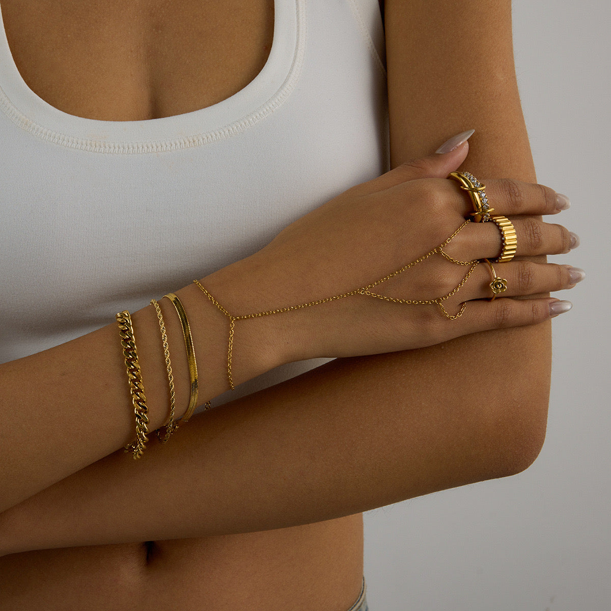 18K Gold Waterproof Double Hoop Hand Chain Bracelet