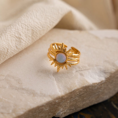 18K Gold Solar Kiss Sunburst Opal Statement Stacking Rings