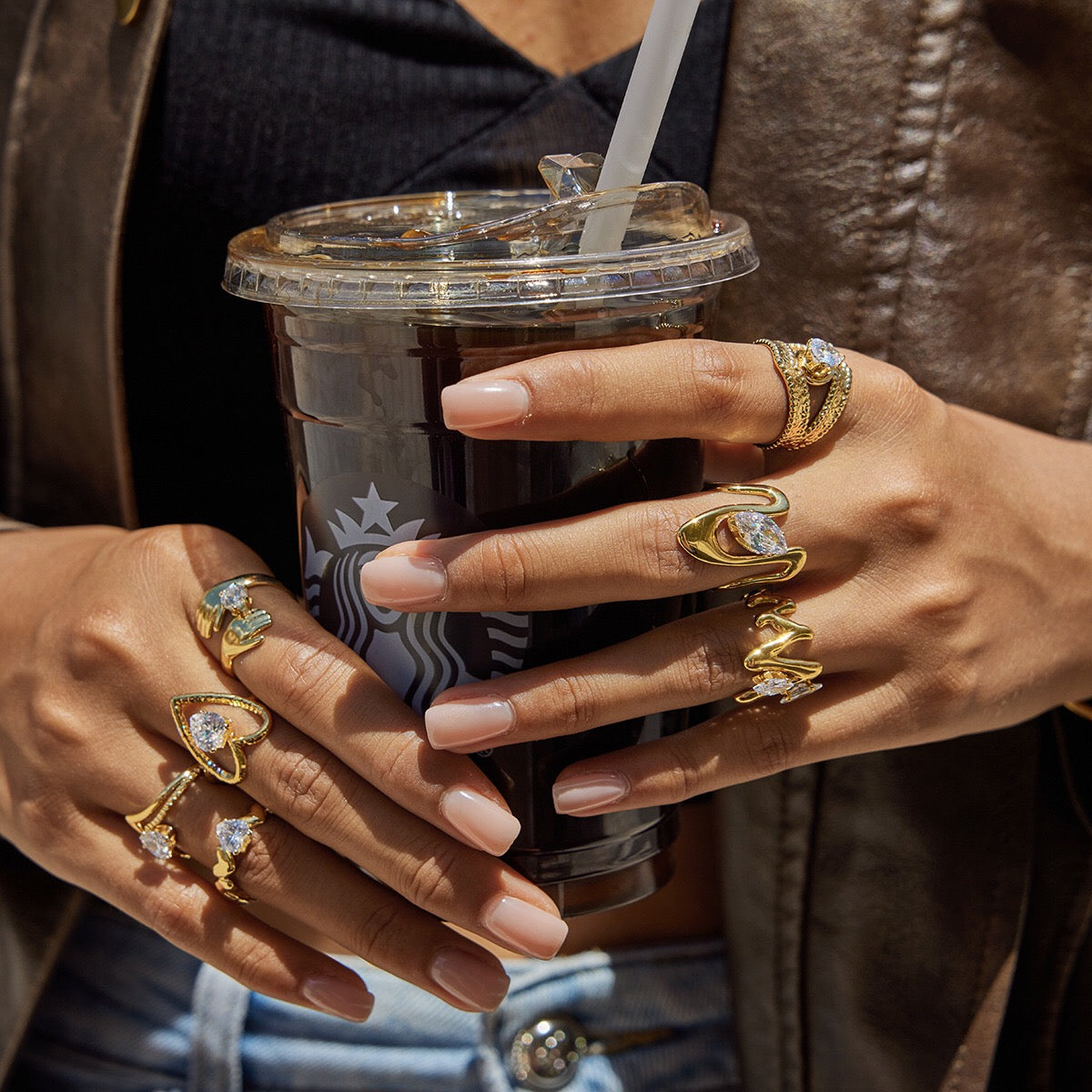 18K Gold Daily Glam Flower Heart CZ Statement Rings Set