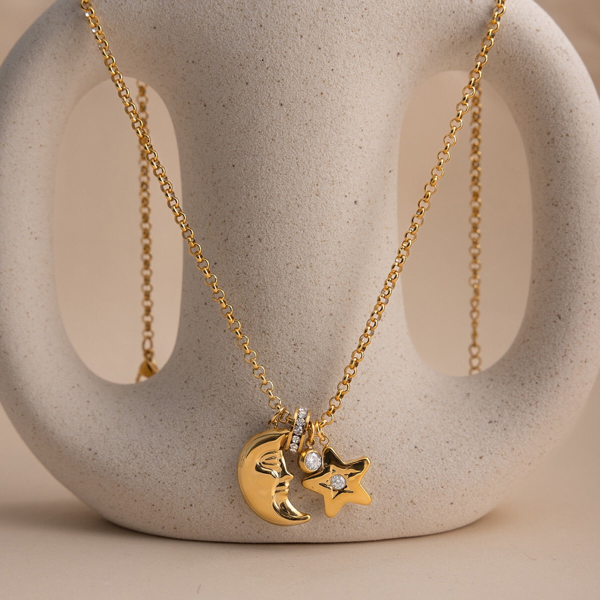 18K Gold Starlight Star and Moon Charm Necklace