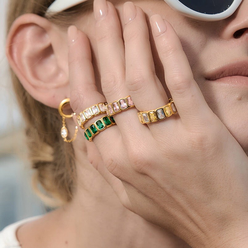 18K Gold Aura Color Gem Eternity Tennis Ring
