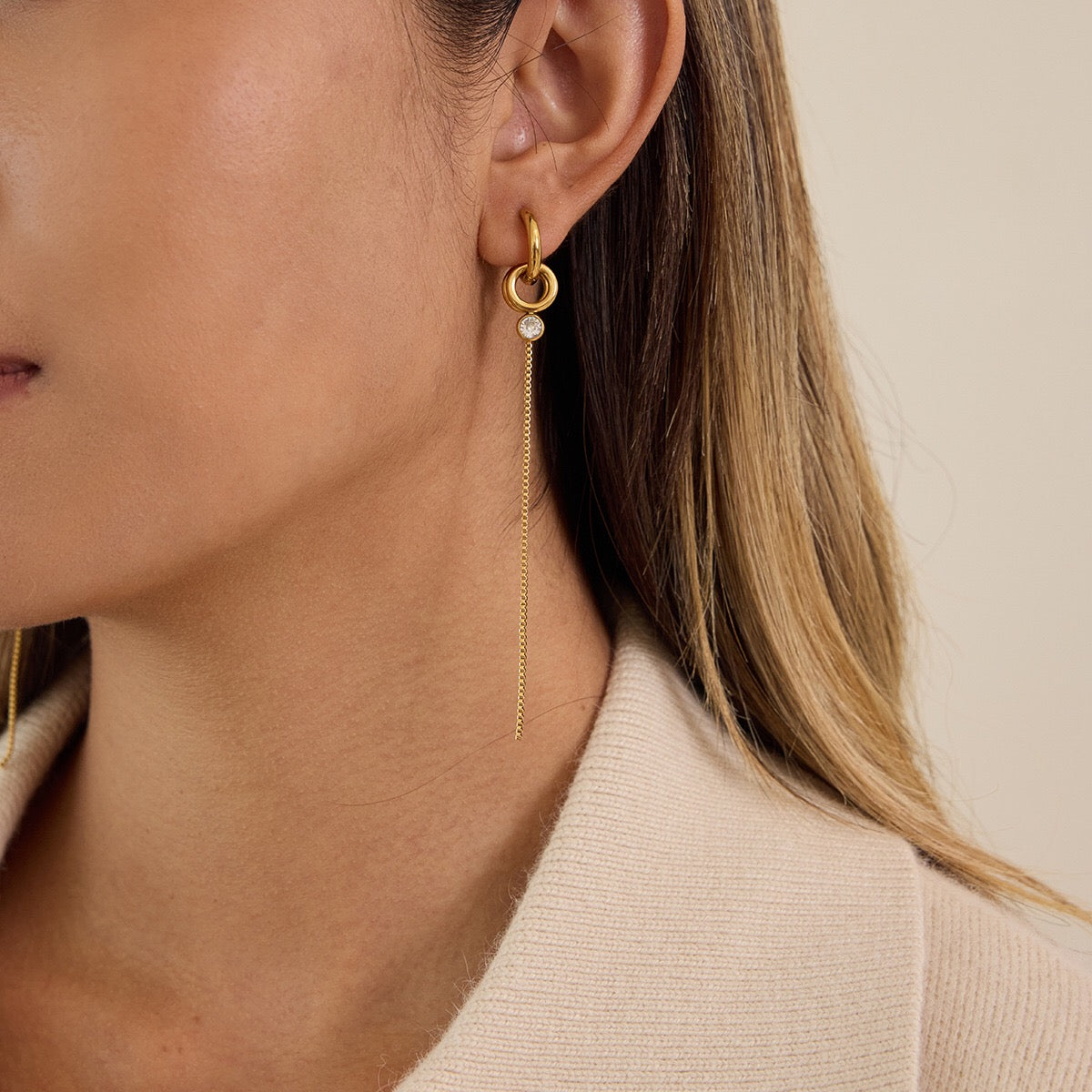 18K Gold Elite Long Drop Small Hoop Huggie Earrings