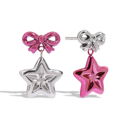 Y2K Silver Bow and Pink Star Stud Dangle Earrings