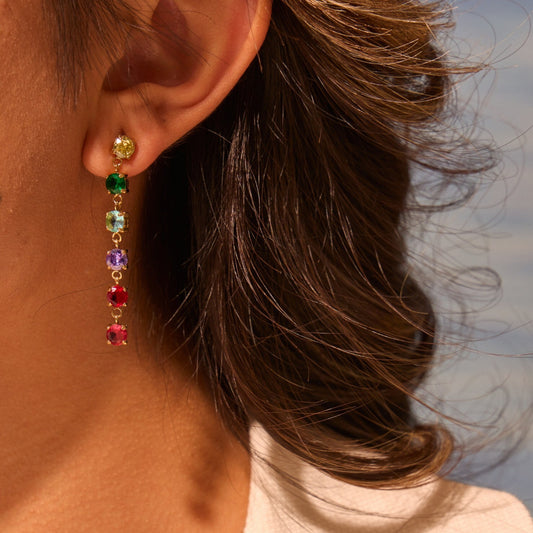 18K Gold Rainbow Tennis Chain Drop Dangle Stud Earrings