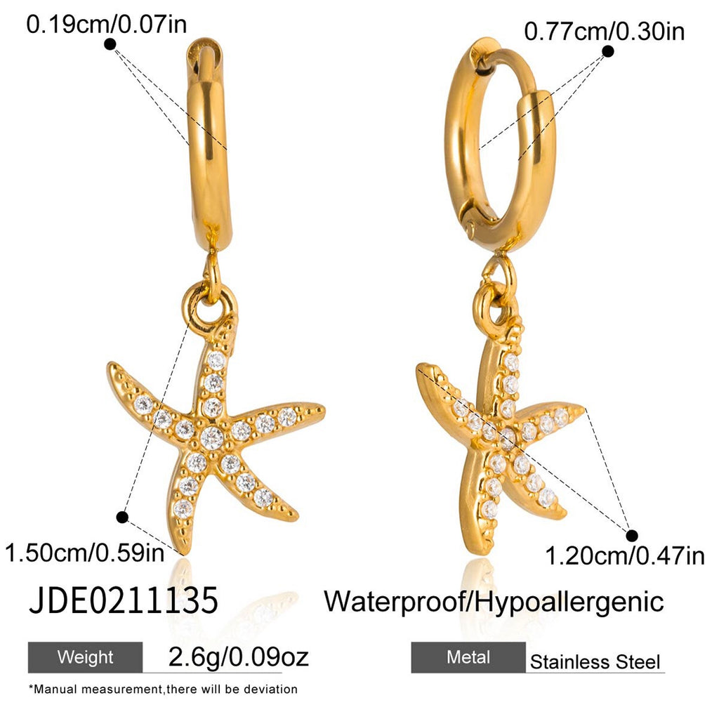 18K Gold Ocean Sparkle Seashell Palm Tree Small Hoop Huggie Earrings with Charm