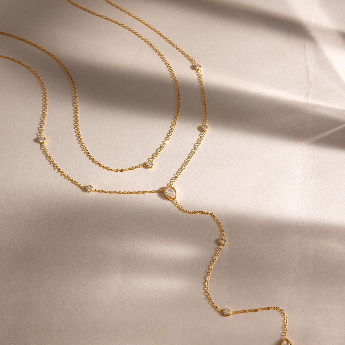 18K Gold Cascade Light Y Shape Lariat Double Chain Dainty Necklace