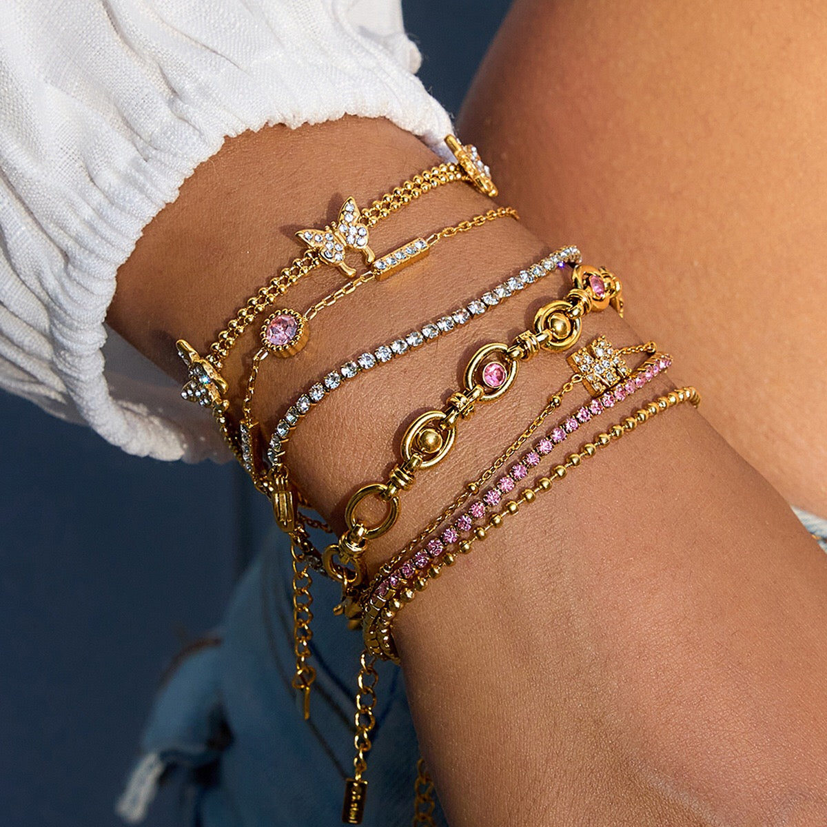 18K Gold Luxury Pink Butterfly Dainty Tennis Chain Bracelet Stack